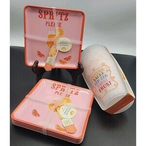 C&C CALIFORNIA Pink & Orange  Melamine Appetizer Plates Set of 8 With 8 Cups New